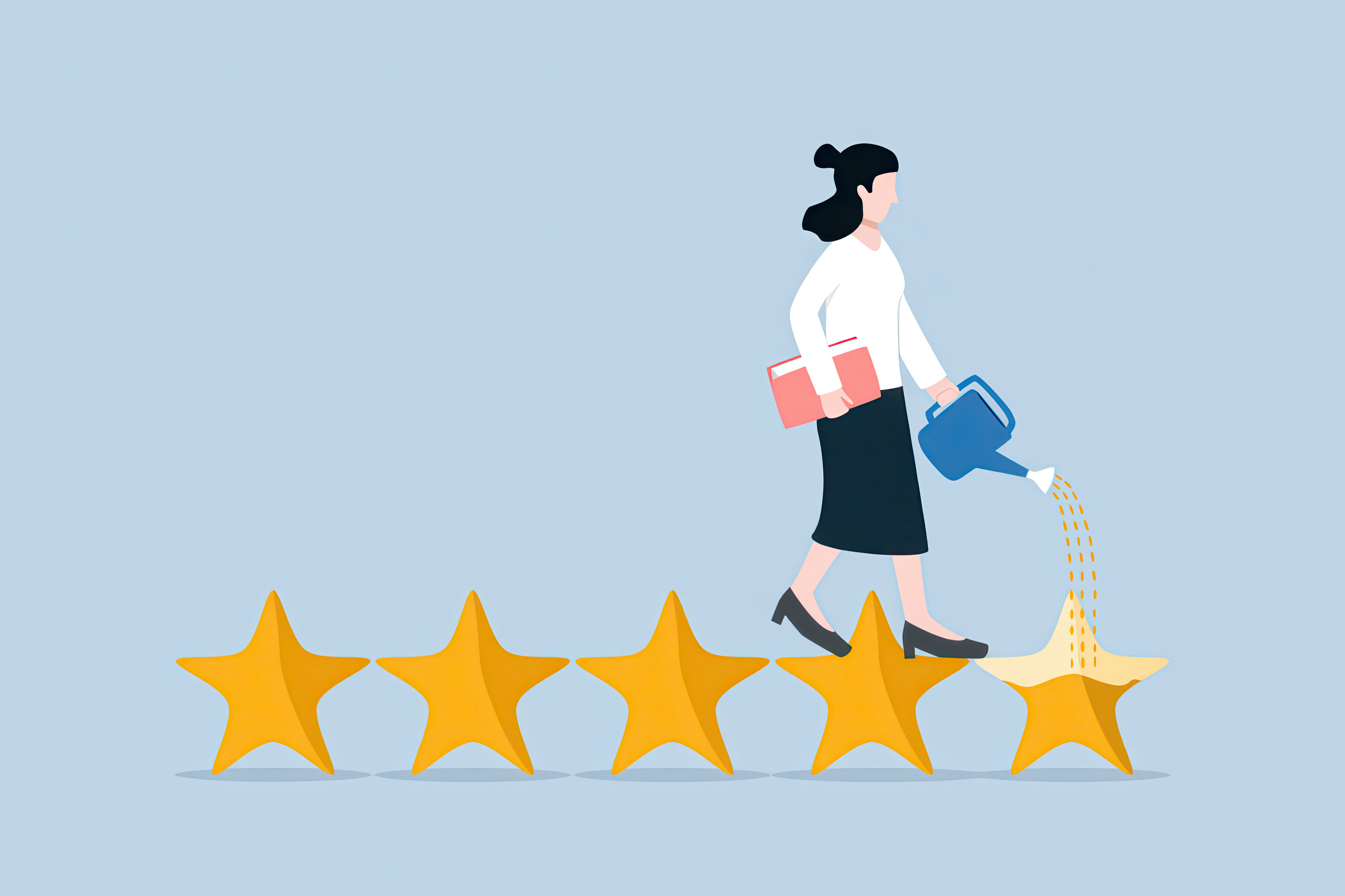 Illustration of a woman watering 5 gold stars